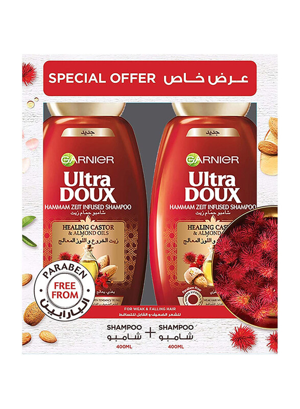Garnier Ultra Doux Healing Castor & Almond Oil Shampoo for All Hair Types, 400ml, 2 Piece
Garnier Ultra Doux Healing Castor & Almond Oil Shampoo for All Hair Types, 400ml, 2 Piece