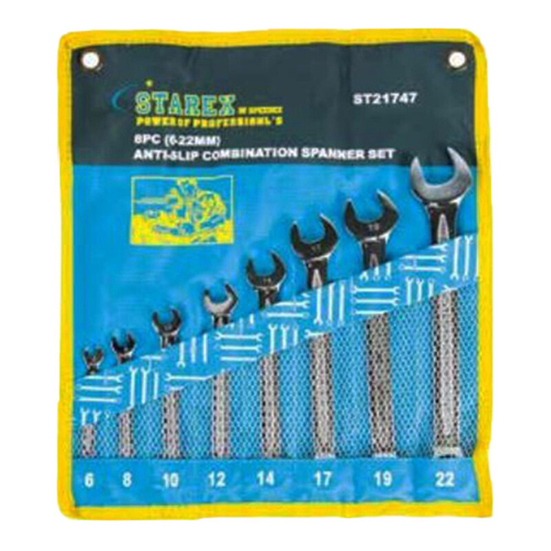 Spanner Combination 8pcs(6-22mm) Sets Anti-Slip Chrome Polish Pouch Pkg Starex 21747
Spanner Combination 8pcs(6-22mm) Sets Anti-Slip Chrome Polish Pouch Pkg Starex 21747