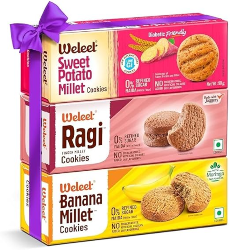 Weleet Assorted Pack of Sweet Potato Millet, Ragi & Banana Cookies, Home/Office Snack Free of White Sugar & White Flour 100% Natural & Healthy (Pac
Weleet Assorted Pack of Sweet Potato Millet, Ragi & Banana Cookies, Home/Office Snack Free of White Sugar & White Flour 100% Natural & Healthy (Pac