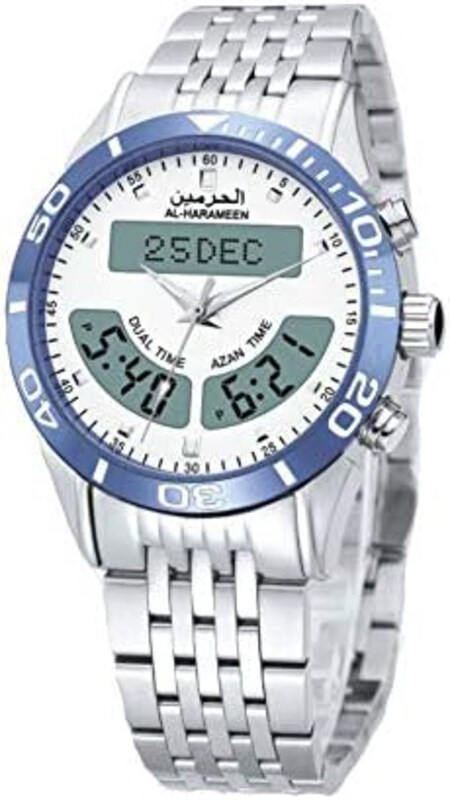 Al-Harameen Analog + Digital Azan Watch for Men with Stainless Steel Band, Water Resistant, HA-6104, Silver-White
Al-Harameen Analog + Digital Azan Watch for Men with Stainless Steel Band, Water Resistant, HA-6104, Silver-White