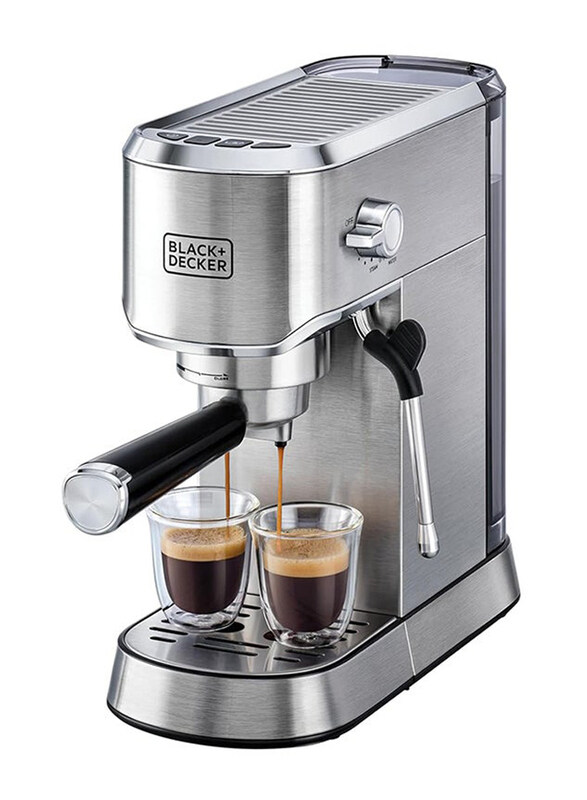 Black+Decker 1L 15-Bar Espresso Coffee Machine, Milk Frother, Thermo Block Heating, Dual-Level Drip Tray, 1450W, ECM150-B5, Silver
Black+Decker 1L 15-Bar Espresso Coffee Machine, Milk Frother, Thermo Block Heating, Dual-Level Drip Tray, 1450W, ECM150-B5, Silver