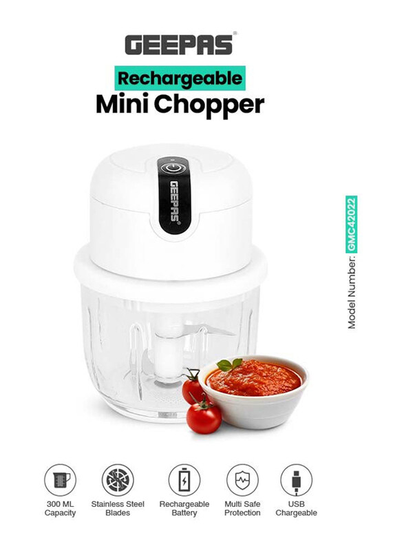 Geepas 300ml Wireless Portable Mini Food Chopper with LED Indication, USB Rechargeable, 30W, GMC42022, White/Clear
Geepas 300ml Wireless Portable Mini Food Chopper with LED Indication, USB Rechargeable, 30W, GMC42022, White/Clear