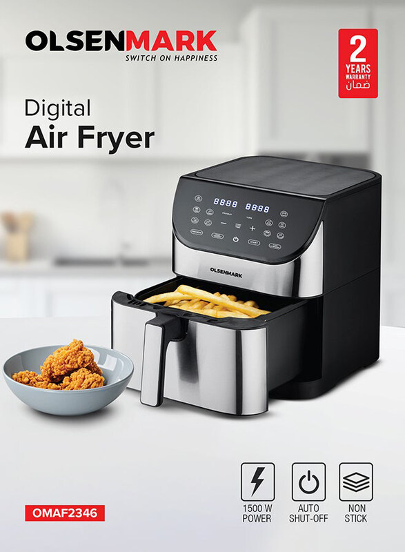 Olsenmark 6L Non-Stick Frying Pot, Tray, LED Display and Touch Screen Digital Air Fryer, 1500W, OMAF2346R, Black/Silver
Olsenmark 6L Non-Stick Frying Pot, Tray, LED Display and Touch Screen Digital Air Fryer, 1500W, OMAF2346R, Black/Silver