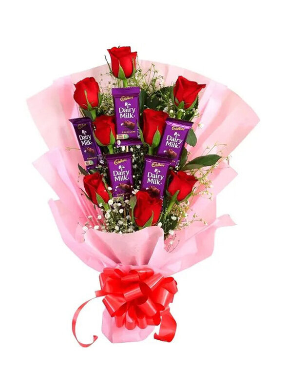 Carmel Flowers 8 Red Roses & 5 Diary Milk Chocolate Wrapping with Ribbon Bouquet
Carmel Flowers 8 Red Roses & 5 Diary Milk Chocolate Wrapping with Ribbon Bouquet