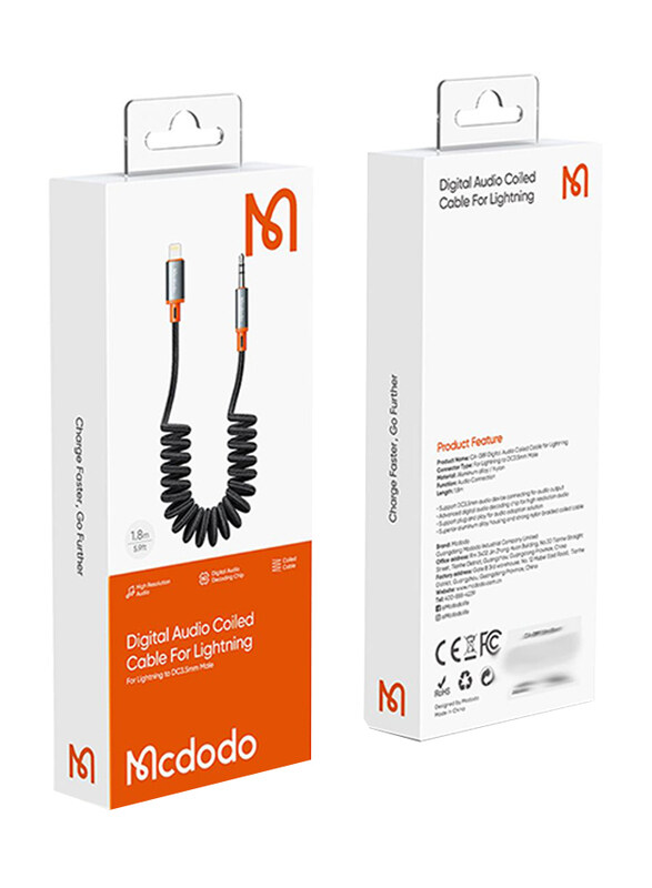 Mcdodo 1.8-Meter Spring Lightning Audio Cable, Lightning to 3.5mm Jack for iOS Devices, CA-0890, Black
Mcdodo 1.8-Meter Spring Lightning Audio Cable, Lightning to 3.5mm Jack for iOS Devices, CA-0890, Black