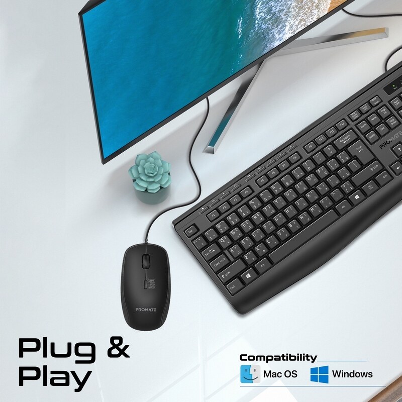 Promate Wired Keyboard and Mouse Combo, Ergonomic Slim Full-Size Quiet Keyboard with 2400 DPI Ambidextrous Mouse, Spill-Resistance, Media Keys, Plug a
Promate Wired Keyboard and Mouse Combo, Ergonomic Slim Full-Size Quiet Keyboard with 2400 DPI Ambidextrous Mouse, Spill-Resistance, Media Keys, Plug a