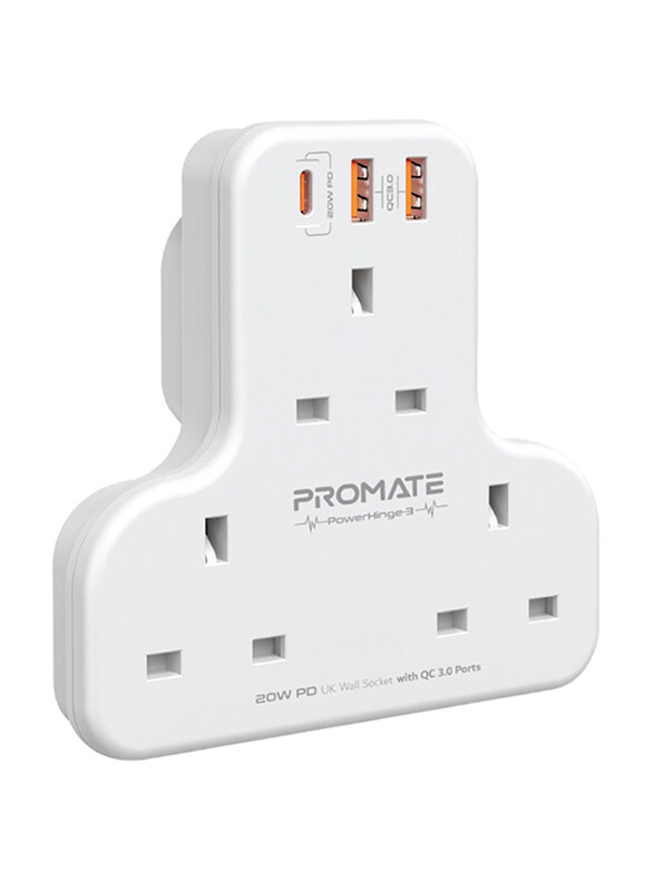 Promate Power Strip with 3250W 3 AC Outlets, 20W USB-C PD Port and Dual 20W QC 3.0 Ports, PowerHinge-3, White
Promate Power Strip with 3250W 3 AC Outlets, 20W USB-C PD Port and Dual 20W QC 3.0 Ports, PowerHinge-3, White