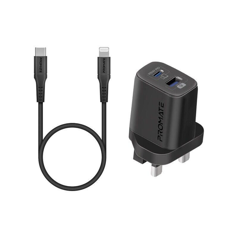 Promate USB-C Adapter and Cable Set for iPhone 14 Pro with Dual Port AC Charger, 25W Power Delivery, 18W QC 3.0, 27W Type-C to Lightning Silicone Cabl
Promate USB-C Adapter and Cable Set for iPhone 14 Pro with Dual Port AC Charger, 25W Power Delivery, 18W QC 3.0, 27W Type-C to Lightning Silicone Cabl