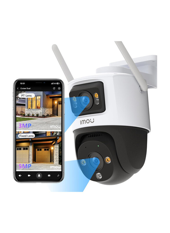 Imou 5K Dual-Lens Wireless Outdoor Camera with 3MP Fixed Lens & 5MP PT Lens, Crusier Dual 8MP, Works with Alexa, White/Black
Imou 5K Dual-Lens Wireless Outdoor Camera with 3MP Fixed Lens & 5MP PT Lens, Crusier Dual 8MP, Works with Alexa, White/Black