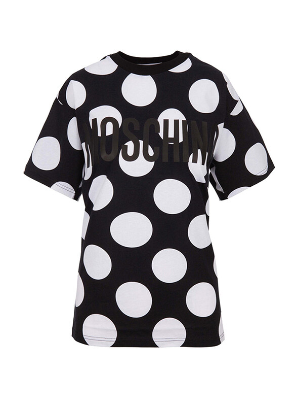 Moschino Logo Polka Dot Print Crew Neck Short Sleeve T Shirt for Women, Medium, Black/White
Moschino Logo Polka Dot Print Crew Neck Short Sleeve T Shirt for Women, Medium, Black/White