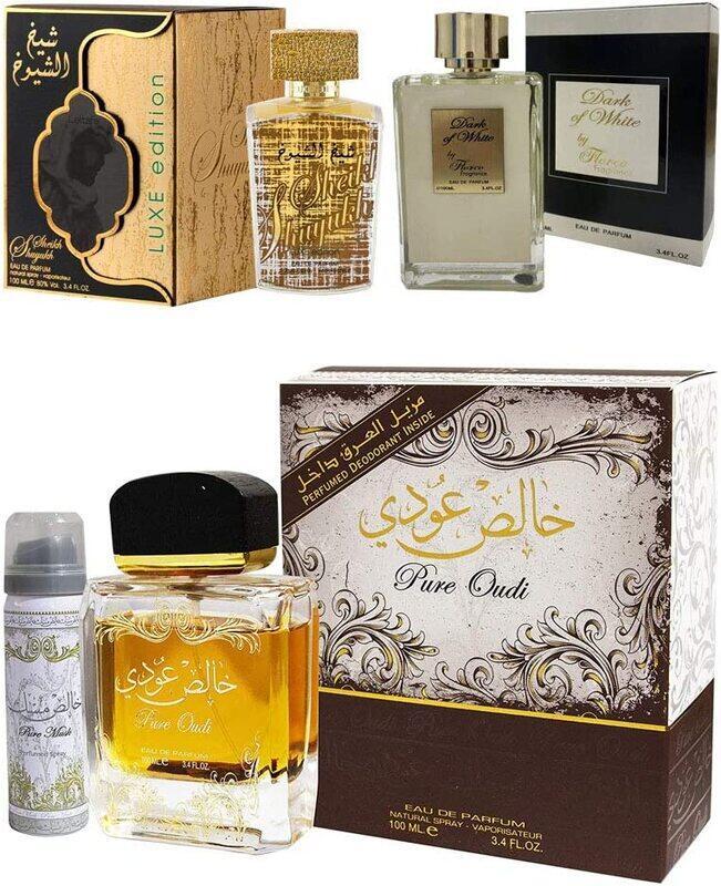 Mixed Brands 4-Piece Gift Set for Women, Dark of White 100ml EDP Perfume, Sheikh Al Shuyukh Luxe 100ml EDP Perfume, Khalis Pure Oudi 100ml EDP Perfume, Pure Musk 50ml Deodorant
Mixed Brands 4-Piece Gift Set for Women, Dark of White 100ml EDP Perfume, Sheikh Al Shuyukh Luxe 100ml EDP Perfume, Khalis Pure Oudi 100ml EDP Perfume, Pure Musk 50ml Deodorant