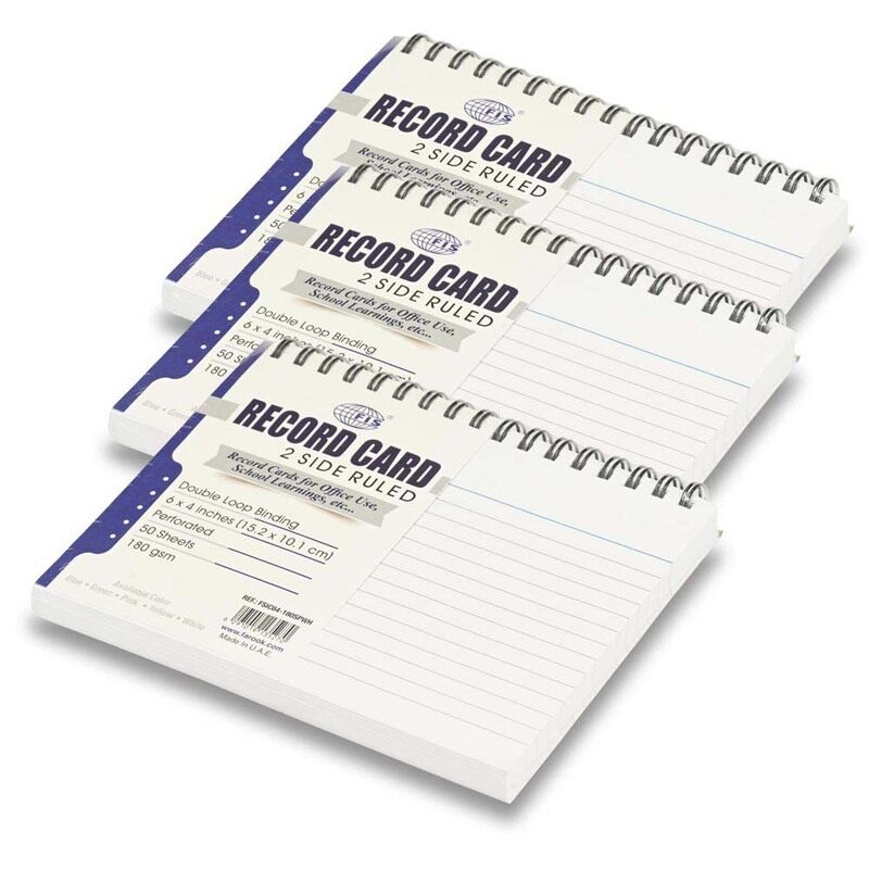 FIS Ruled Record Cards, Size:6"x4" Inches (152x102mm), Double Loop Spiral Binding, Two Sides Single Ruled, 180gsm, Perforated, 50 Sheets Per Pad, Pack
FIS Ruled Record Cards, Size:6"x4" Inches (152x102mm), Double Loop Spiral Binding, Two Sides Single Ruled, 180gsm, Perforated, 50 Sheets Per Pad, Pack