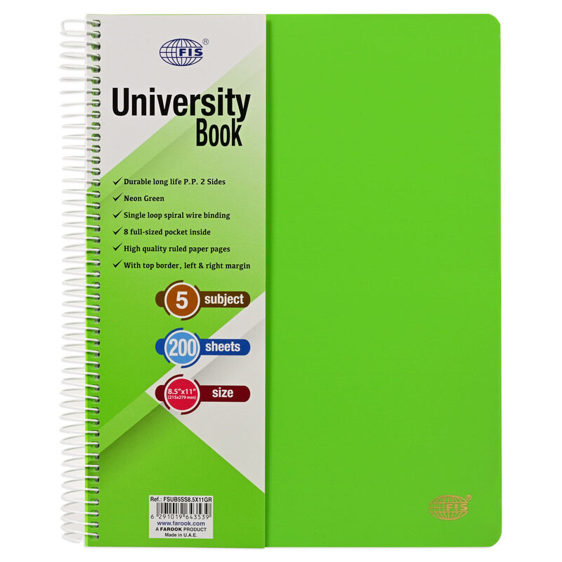 FIS Deluxe University Book, Spiral PP Neon Soft Cover, 5 Subjects, (215x279mm) Size, 200 Sheets, Green Color - FSUB5SS8.5X11GR
FIS Deluxe University Book, Spiral PP Neon Soft Cover, 5 Subjects, (215x279mm) Size, 200 Sheets, Green Color - FSUB5SS8.5X11GR
