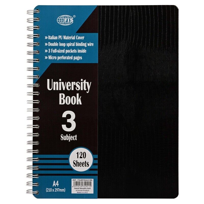 FIS University Book, Double Loop Spiral, Italian PU Material, 3 Subjects, A4 Size (210x297mm), 120 Sheets, Black Color-FSUBP3SA421BK
FIS University Book, Double Loop Spiral, Italian PU Material, 3 Subjects, A4 Size (210x297mm), 120 Sheets, Black Color-FSUBP3SA421BK