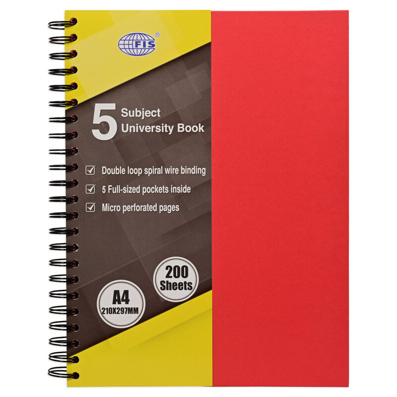 FIS University Book, Double Loop Spiral Hard Cover, Single Ruled with Border, 5 Subjects, A4 Size (210x297mm), 200 Sheets, Red Color- FSUB5S250
FIS University Book, Double Loop Spiral Hard Cover, Single Ruled with Border, 5 Subjects, A4 Size (210x297mm), 200 Sheets, Red Color- FSUB5S250