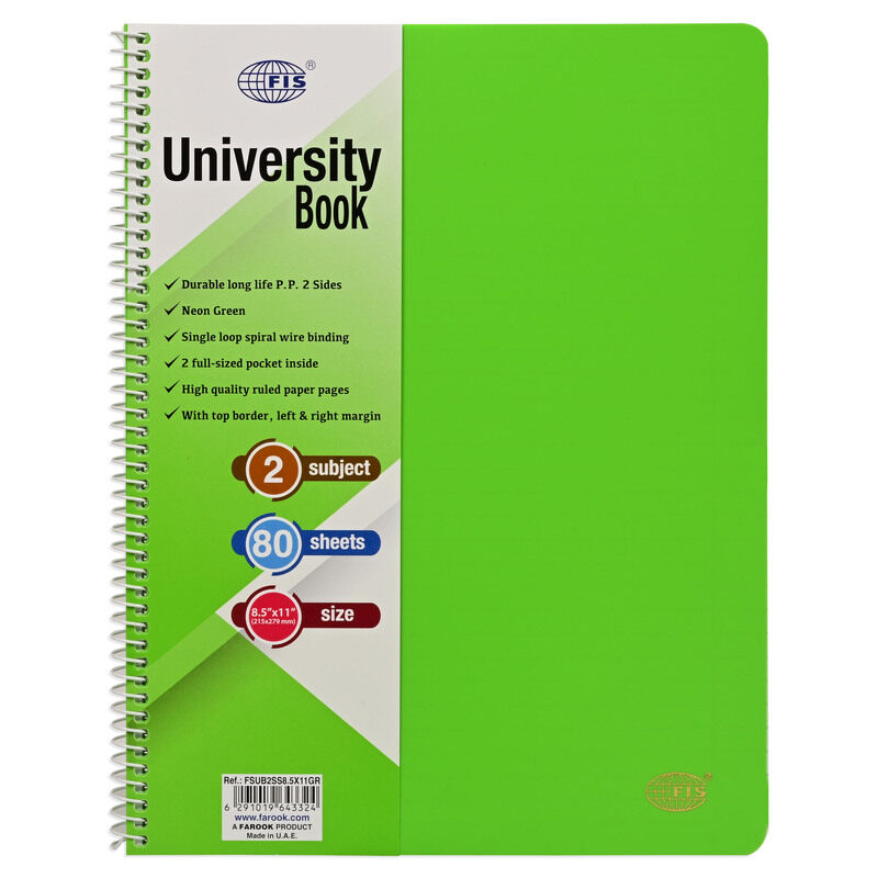FIS Deluxe University Book, Spiral PP Neon Soft Cover, 2 Subjects, (215x279mm) Size, 80 Sheets, Green Color- FSUB2SS8.5X11GR
FIS Deluxe University Book, Spiral PP Neon Soft Cover, 2 Subjects, (215x279mm) Size, 80 Sheets, Green Color- FSUB2SS8.5X11GR