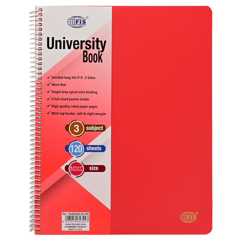 FIS Deluxe University Book, Spiral PP Neon Soft Cover, 3 Subject, (215x279mm) Size, 120 Sheets, Red Color- FSUB3SS8.5X11RE
FIS Deluxe University Book, Spiral PP Neon Soft Cover, 3 Subject, (215x279mm) Size, 120 Sheets, Red Color- FSUB3SS8.5X11RE
