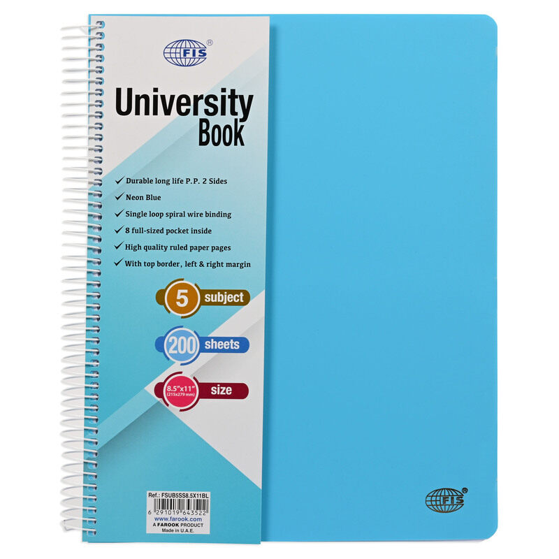FIS Deluxe University Book, Spiral PP Neon Soft Cover, 5 Subjects, (215x279mm) Size, 200 Sheets, Blue Color-FSUB5SS8.5X11BL
FIS Deluxe University Book, Spiral PP Neon Soft Cover, 5 Subjects, (215x279mm) Size, 200 Sheets, Blue Color-FSUB5SS8.5X11BL