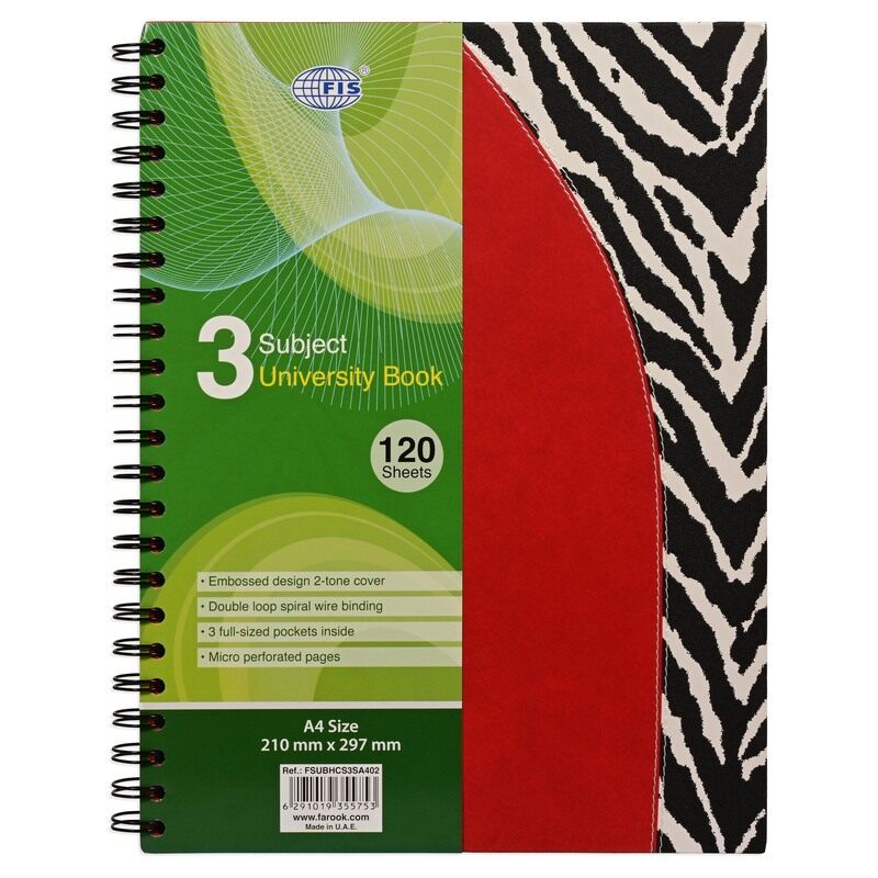 FIS Deluxe University Book, Spiral Hard Cover, 3 Subjects, A4 Size (210x297mm), 120 Sheets - FSUBHCS3SA402
FIS Deluxe University Book, Spiral Hard Cover, 3 Subjects, A4 Size (210x297mm), 120 Sheets - FSUBHCS3SA402