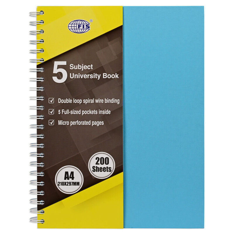 FIS University Book, Double Loop Spiral Hard Cover, Single Ruled with Border, 5 Subjects, A4 Size (210x297mm), 200 Sheets, Turquoise Color- FSUB5S220
FIS University Book, Double Loop Spiral Hard Cover, Single Ruled with Border, 5 Subjects, A4 Size (210x297mm), 200 Sheets, Turquoise Color- FSUB5S220