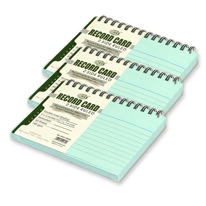 FIS Ruled Record Cards, Size:5"x3" Inches (127x76mm), Double Loop Spiral Binding, Two Sides Single Ruled, 180gsm, Perforated, 50 Sheets Per Pad, Packe
FIS Ruled Record Cards, Size:5"x3" Inches (127x76mm), Double Loop Spiral Binding, Two Sides Single Ruled, 180gsm, Perforated, 50 Sheets Per Pad, Packe