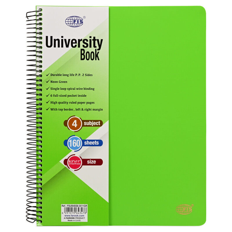 FIS Deluxe University Book, Spiral PP Neon Soft Cover, 4 Subjects, (215x279mm) Size, 160 Sheets, Green Color- FSUB4SS8.5X11GR
FIS Deluxe University Book, Spiral PP Neon Soft Cover, 4 Subjects, (215x279mm) Size, 160 Sheets, Green Color- FSUB4SS8.5X11GR
