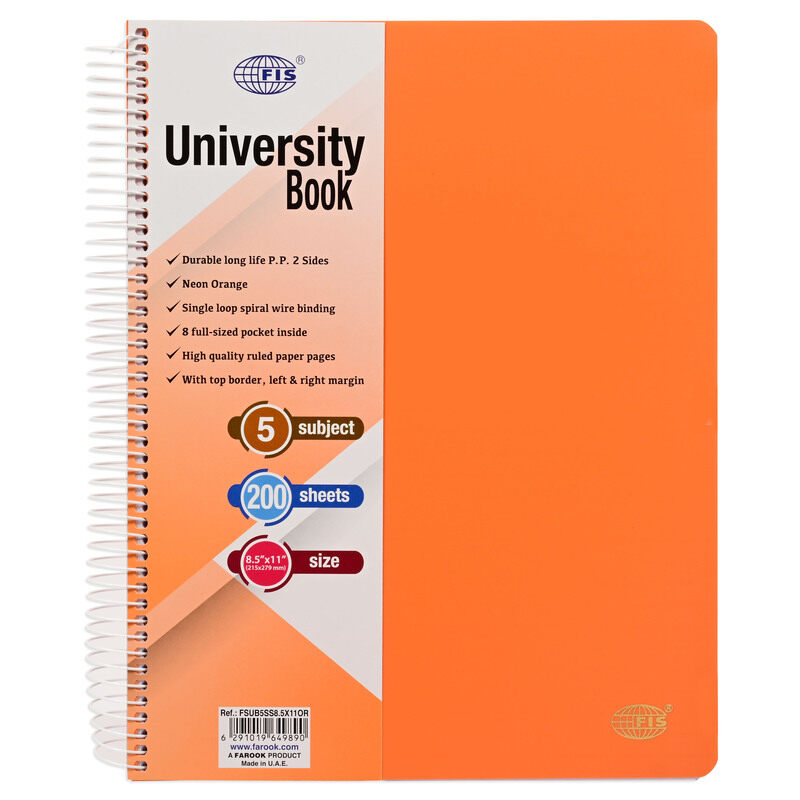 FIS Deluxe University Book, Spiral PP Neon Soft Cover, 5 Subjects, (215x279mm) Size, 200 Sheets, Orange Color - FSUB5SS8.5X11OR
FIS Deluxe University Book, Spiral PP Neon Soft Cover, 5 Subjects, (215x279mm) Size, 200 Sheets, Orange Color - FSUB5SS8.5X11OR
