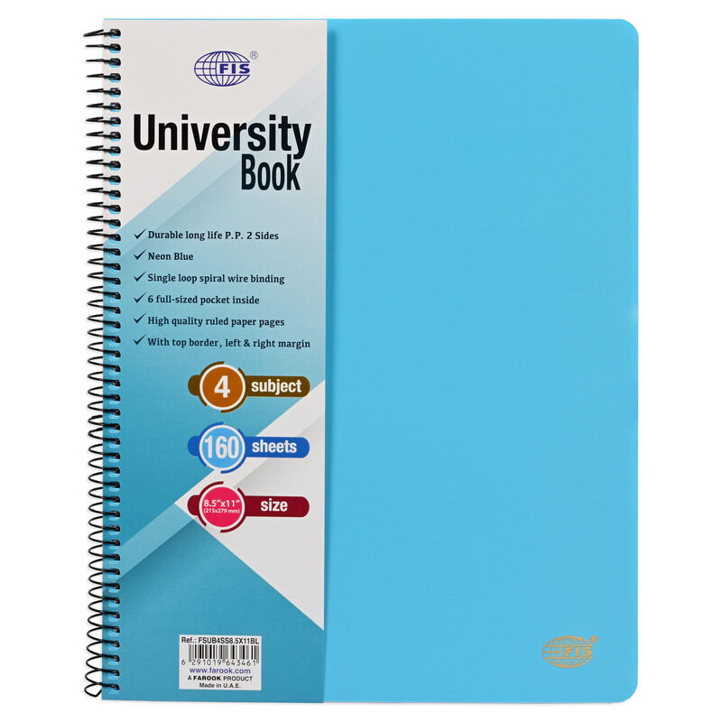 FIS Deluxe University Book, Spiral PP Neon Soft Cover, 4 Subjects, (215x279mm) Size, 160 Sheets, Blue Color- FSUB4SS8.5X11BL
FIS Deluxe University Book, Spiral PP Neon Soft Cover, 4 Subjects, (215x279mm) Size, 160 Sheets, Blue Color- FSUB4SS8.5X11BL