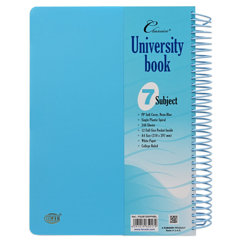 FIS Classico University Book, Plastic Spiral PP Neon Soft Cover, 7 Subjects, A4 Size (210x297mm), 240 Sheets, Blue Color-FSUB7SSPPNBL
FIS Classico University Book, Plastic Spiral PP Neon Soft Cover, 7 Subjects, A4 Size (210x297mm), 240 Sheets, Blue Color-FSUB7SSPPNBL