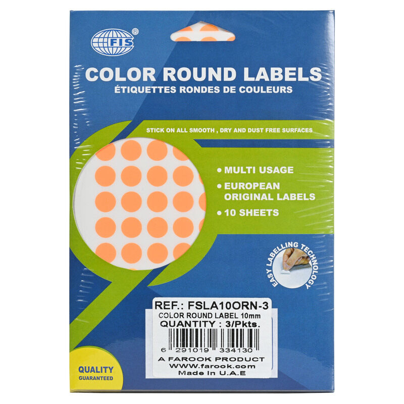 FIS Color Round Label, 10mm Sticker Size, 96 Labels, 10 Sheets Per Pack, Pack of 3, Color Fluorescent Orange - FSLA10ORN-3
FIS Color Round Label, 10mm Sticker Size, 96 Labels, 10 Sheets Per Pack, Pack of 3, Color Fluorescent Orange - FSLA10ORN-3