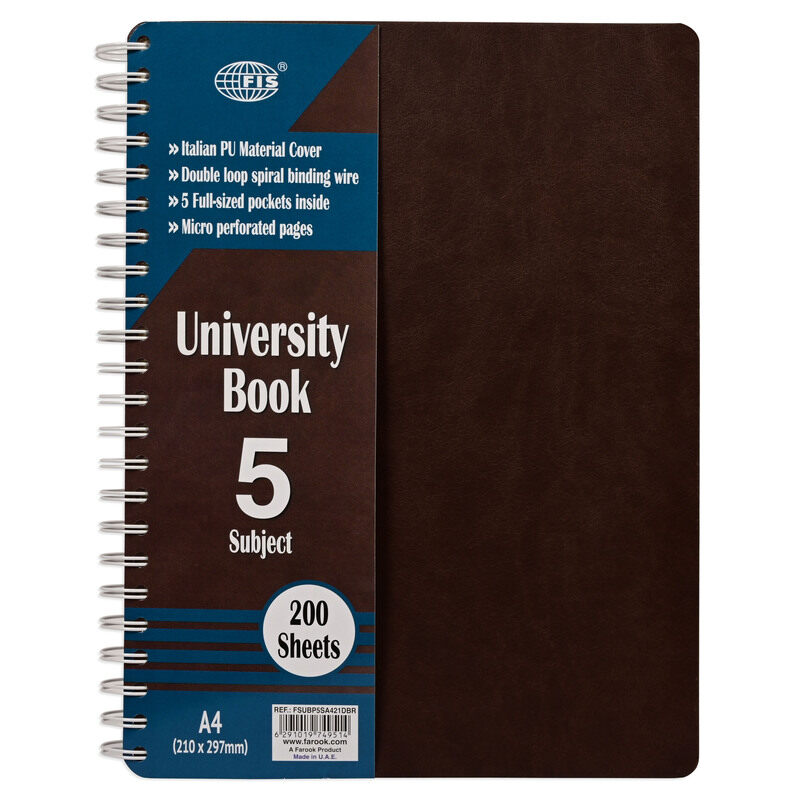 FIS University Book, Double Loop Spiral, Italian PU, 5 Subjects, A4 Size (210x297mm), 200 Sheets, Dark Brown Color- FSUBP5SA421DBR
FIS University Book, Double Loop Spiral, Italian PU, 5 Subjects, A4 Size (210x297mm), 200 Sheets, Dark Brown Color- FSUBP5SA421DBR
