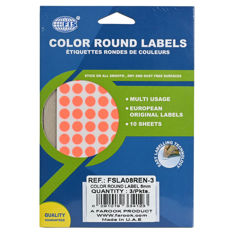 FIS Color Round Label, 8mm Sticker Size, 150 Labels, 10 Sheets Per Pack, Pack of 3, Color Fluorescent Red - FSLA08REN-3
FIS Color Round Label, 8mm Sticker Size, 150 Labels, 10 Sheets Per Pack, Pack of 3, Color Fluorescent Red - FSLA08REN-3