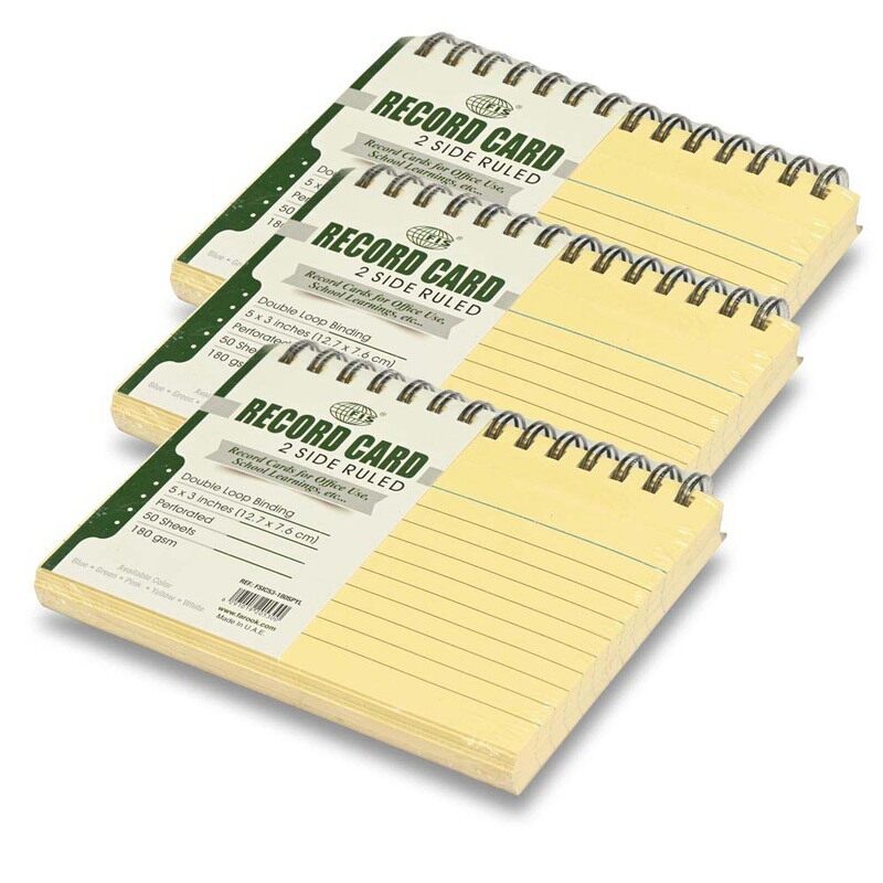 FIS Ruled Record Cards, Size:5"x3" Inches (127x76mm), Double Loop Spiral Binding, Two Sides Single Ruled, 180gsm, Perforated, 50 Sheets Per Pad, Packe
FIS Ruled Record Cards, Size:5"x3" Inches (127x76mm), Double Loop Spiral Binding, Two Sides Single Ruled, 180gsm, Perforated, 50 Sheets Per Pad, Packe