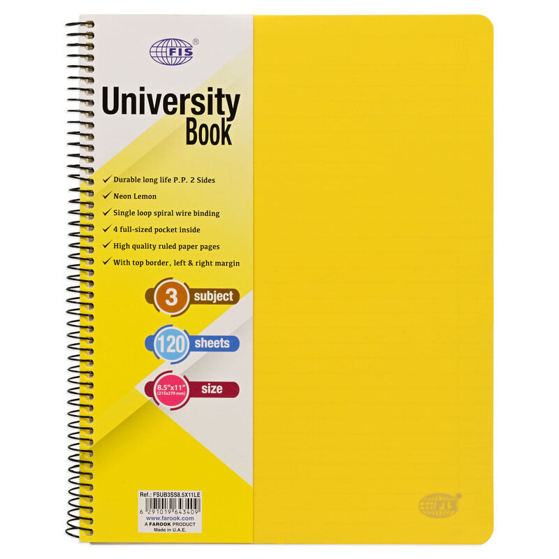 FIS Deluxe University Book, Spiral PP Neon Soft Cover, 3 Subject, (215x279mm) Size, 120 Sheets, Lemon Color- FSUB3SS8.5X11LE
FIS Deluxe University Book, Spiral PP Neon Soft Cover, 3 Subject, (215x279mm) Size, 120 Sheets, Lemon Color- FSUB3SS8.5X11LE