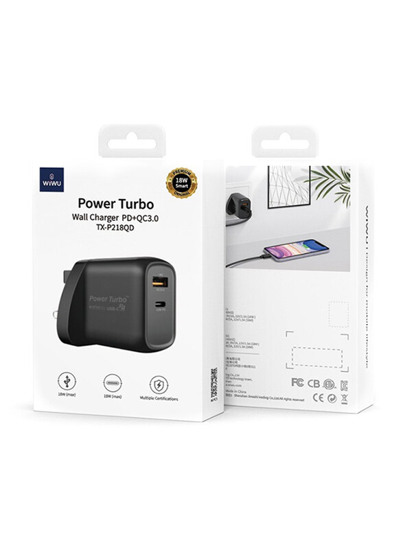 WiWu TX-P218QD Power Turbo UK 18W Fast Wall Charger, One Plug 2 Ports USB-C Power Deliver QC 3.0 USB Adapter, Black
WiWu TX-P218QD Power Turbo UK 18W Fast Wall Charger, One Plug 2 Ports USB-C Power Deliver QC 3.0 USB Adapter, Black