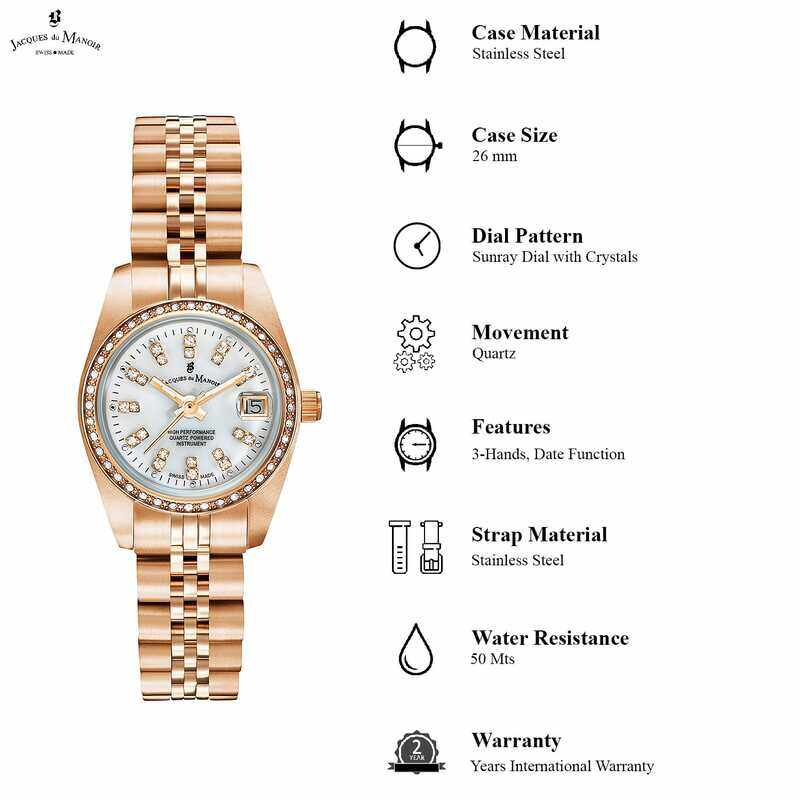 Jacques Du Manoir Analog Watch for Women with Stainless Steel Band, NROP.16, Rose Gold-White
Jacques Du Manoir Analog Watch for Women with Stainless Steel Band, NROP.16, Rose Gold-White
