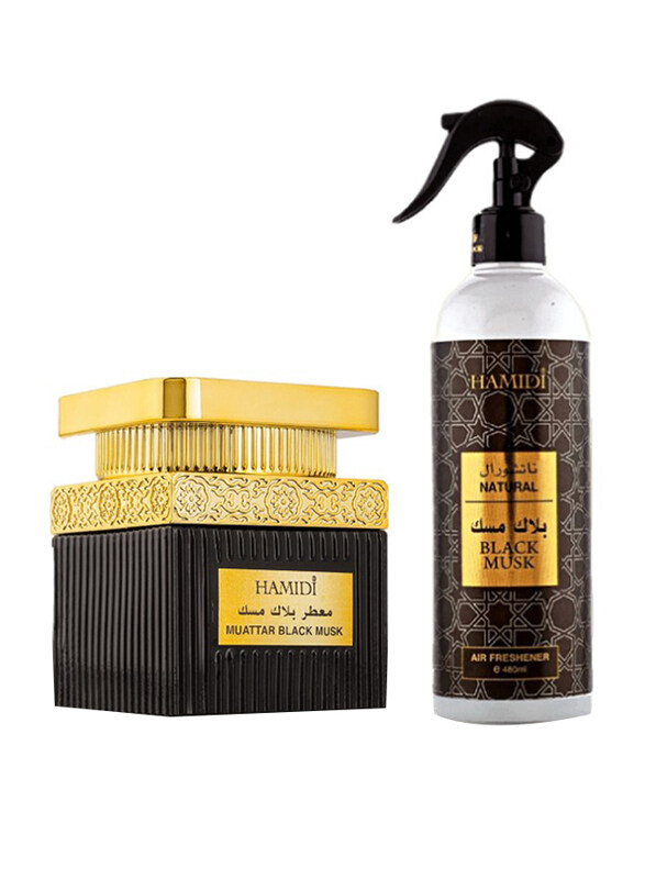 Hamidi Luxurious Natural Black Musk Home Fragrance Set with Air Freshener 480ml & Bakhoor Muattar 50g, Black/Gold
Hamidi Luxurious Natural Black Musk Home Fragrance Set with Air Freshener 480ml & Bakhoor Muattar 50g, Black/Gold