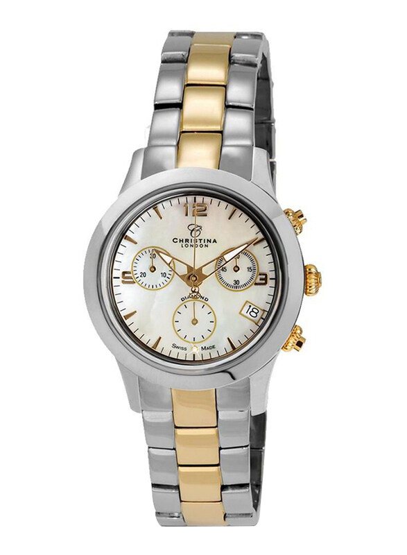 Christina Design London Analog Swiss Watch for Women with Bi Color Stainless Steel Band, Water Resistance and Chronograph, with 1 Diamond and Mother o
Christina Design London Analog Swiss Watch for Women with Bi Color Stainless Steel Band, Water Resistance and Chronograph, with 1 Diamond and Mother o