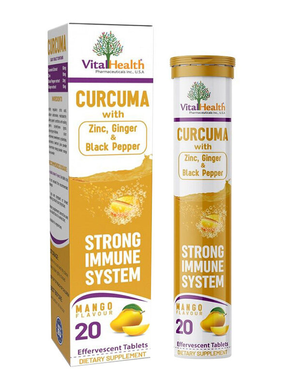 Vital Health Curcuma with Zinc Ginger and Black Pepper Mango Flavour Dietary Supplement, 20 Effervescent Tablets
Vital Health Curcuma with Zinc Ginger and Black Pepper Mango Flavour Dietary Supplement, 20 Effervescent Tablets