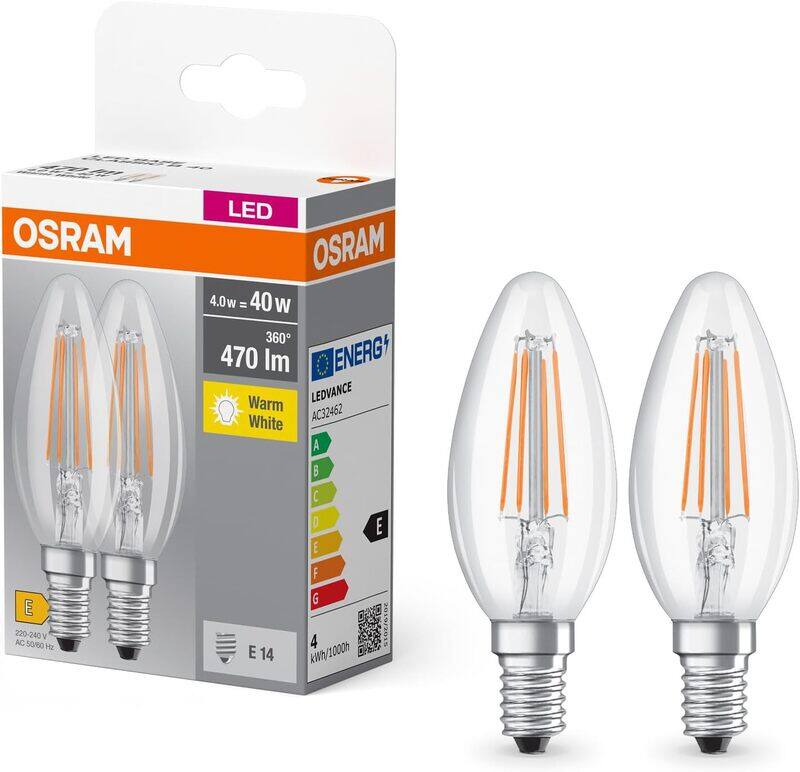 Osram Base Classic B FIL 40 LED Lamp with E14 Socket, Mini Candle Shape, Double Pack, 4 W, 470 lm, 2700 K, Warm White Light, Low Heat Generation, Long
Osram Base Classic B FIL 40 LED Lamp with E14 Socket, Mini Candle Shape, Double Pack, 4 W, 470 lm, 2700 K, Warm White Light, Low Heat Generation, Long
