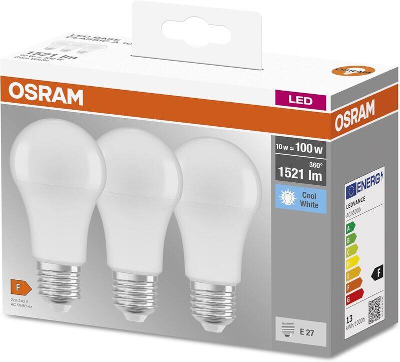 Osram LED Lamp/E27 Base/Cool White 4000 K/Replaces 100 W Incandescent Bulbs/14.00 W/Frosted/LED Base Clas a Pack of 3, 4058075819559, Set of 3/14 W
Osram LED Lamp/E27 Base/Cool White 4000 K/Replaces 100 W Incandescent Bulbs/14.00 W/Frosted/LED Base Clas a Pack of 3, 4058075819559, Set of 3/14 W