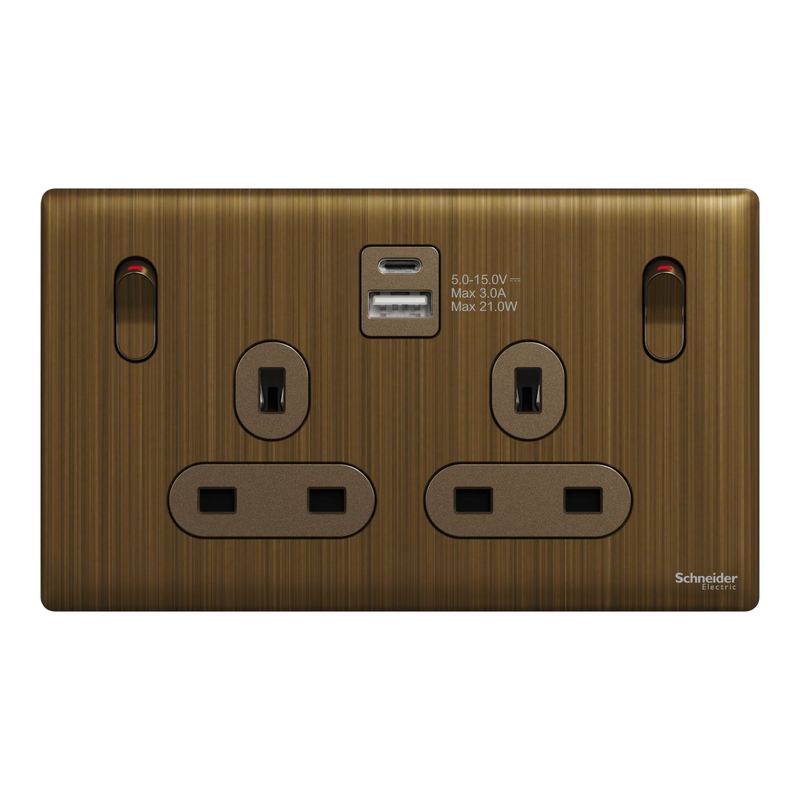 Scheider Electric Schneider Electric Switched socket with USB, Unica X, 13A, 250V, 2 pole, type A+C, 21W, antique brass - NUX25DACQUS_AB
Scheider Electric Schneider Electric Switched socket with USB, Unica X, 13A, 250V, 2 pole, type A+C, 21W, antique brass - NUX25DACQUS_AB