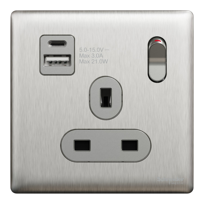 Scheider Electric Schneider Electric Switched socket with USB, Unica X, 13A, 250V, 2 pole, type A+C, 21W, stainless steel - NUX15DACQUS_SS
Scheider Electric Schneider Electric Switched socket with USB, Unica X, 13A, 250V, 2 pole, type A+C, 21W, stainless steel - NUX15DACQUS_SS