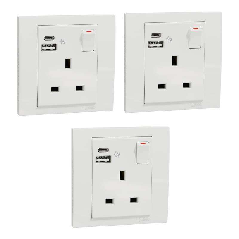 Schneider Electric Vivace Switched Socket with USB Charger, 21W Type A+C, 13A, White , KB15DACUSB_WE , Pack of 3
Schneider Electric Vivace Switched Socket with USB Charger, 21W Type A+C, 13A, White , KB15DACUSB_WE , Pack of 3