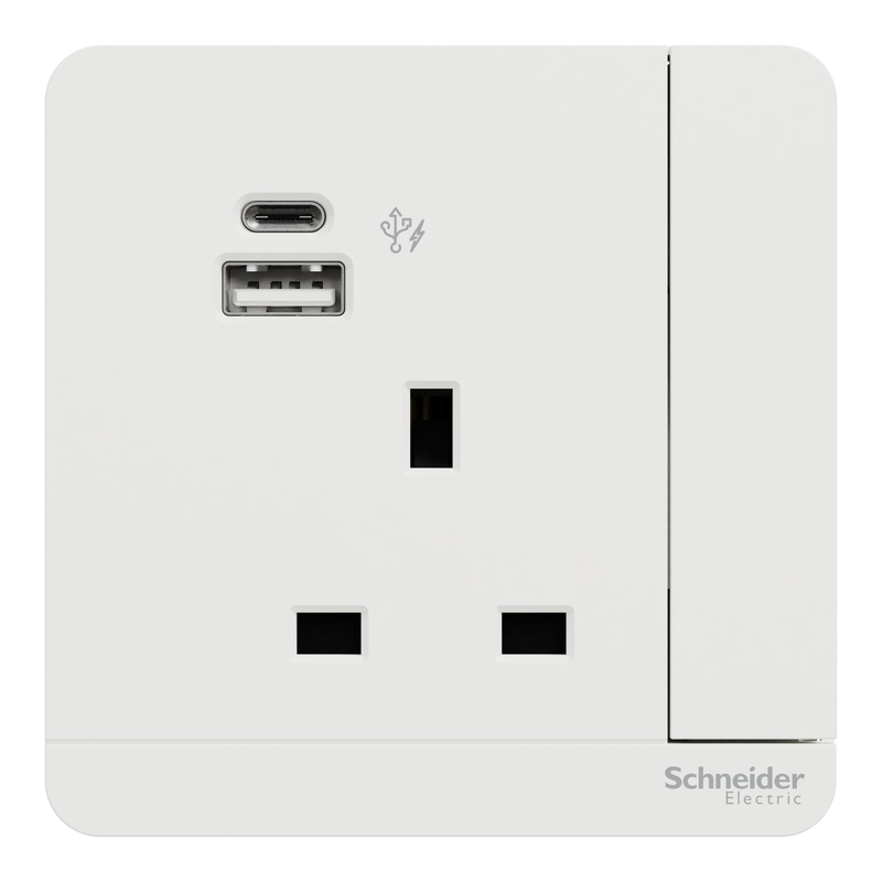 Scheider Electric Schneider Electric Switched socket with USB charger, Avataron, 21W type A+C, 1 gang, 2 pole, 13A, white - E8315DACUSR1_WE
Scheider Electric Schneider Electric Switched socket with USB charger, Avataron, 21W type A+C, 1 gang, 2 pole, 13A, white - E8315DACUSR1_WE
