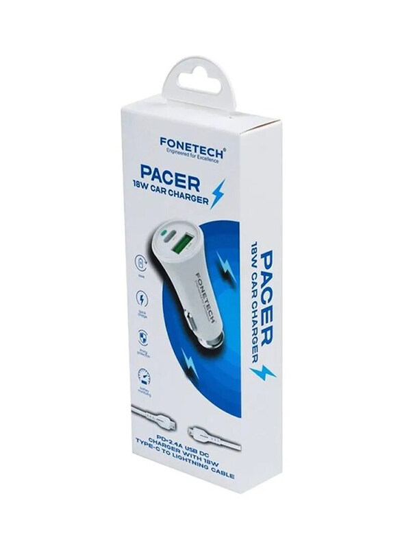 Fonetech Pacer 18W PD QC 3.0 Dual Port Car Charger, with 2.4A Type C to Lightning Cable for iPhone, White
Fonetech Pacer 18W PD QC 3.0 Dual Port Car Charger, with 2.4A Type C to Lightning Cable for iPhone, White
