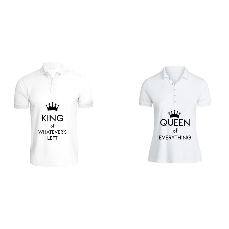 BYFT (White) Couple Printed Cotton T-shirt (King of Whatever Left & Queen of Everything) Personalized Polo Neck T-shirt (Large)-Set of 2 pcs-220 GSM
BYFT (White) Couple Printed Cotton T-shirt (King of Whatever Left & Queen of Everything) Personalized Polo Neck T-shirt (Large)-Set of 2 pcs-220 GSM