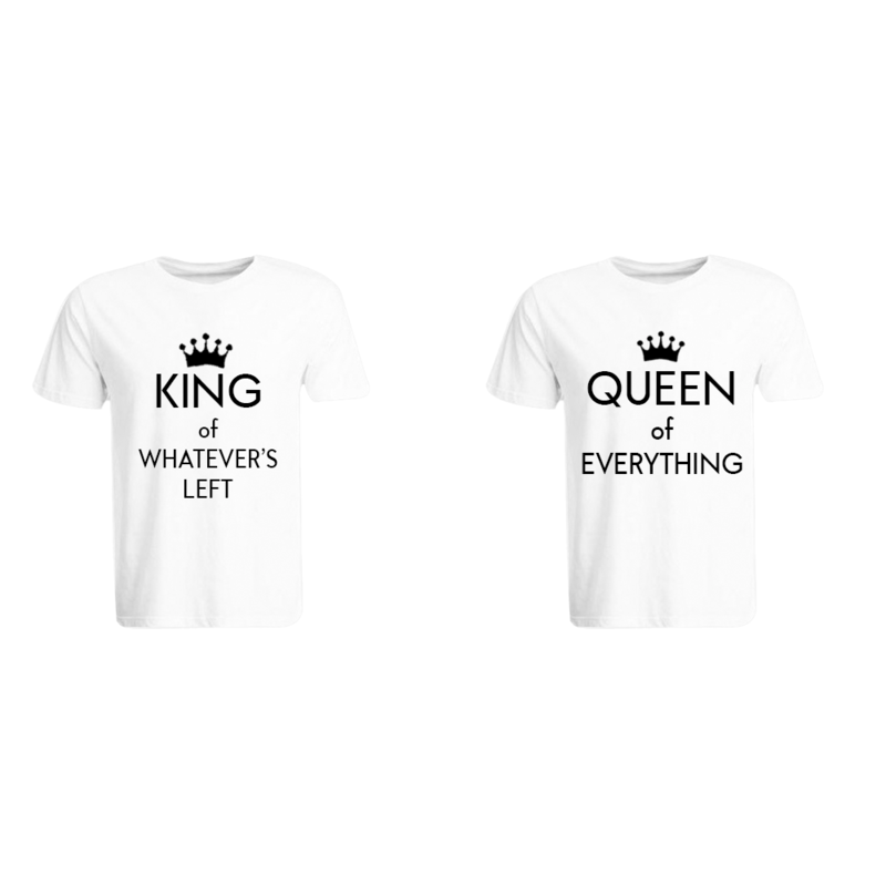 BYFT (White) Couple Printed Cotton T-shirt (King of Whatever Left & Queen of Everything) Personalized Polo Neck T-shirt (Medium)-Set of 2 pcs-220 GSM
BYFT (White) Couple Printed Cotton T-shirt (King of Whatever Left & Queen of Everything) Personalized Polo Neck T-shirt (Medium)-Set of 2 pcs-220 GSM