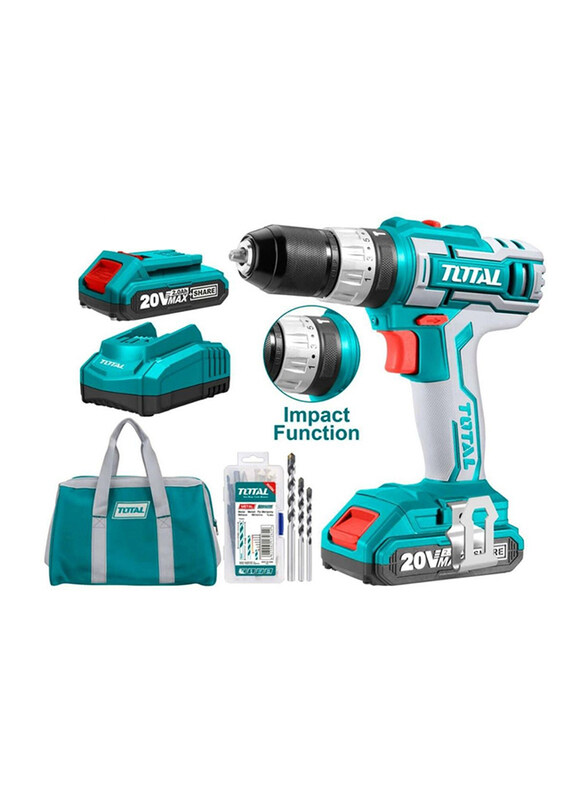 Total Lithium-ion Impact Drill, 20V Maximum Impact Rate 22500/Min, Maximum Torque 45nm with Drill Bits & Carry Bag, Silver/Teal
Total Lithium-ion Impact Drill, 20V Maximum Impact Rate 22500/Min, Maximum Torque 45nm with Drill Bits & Carry Bag, Silver/Teal