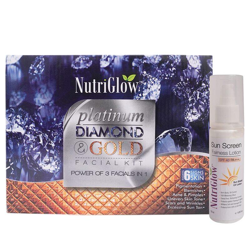 Nutriglow Platinum Diamond & Gold Facial Kit with Sunscreen Fairness Lotion SPF 40, 2 Pieces
Nutriglow Platinum Diamond & Gold Facial Kit with Sunscreen Fairness Lotion SPF 40, 2 Pieces